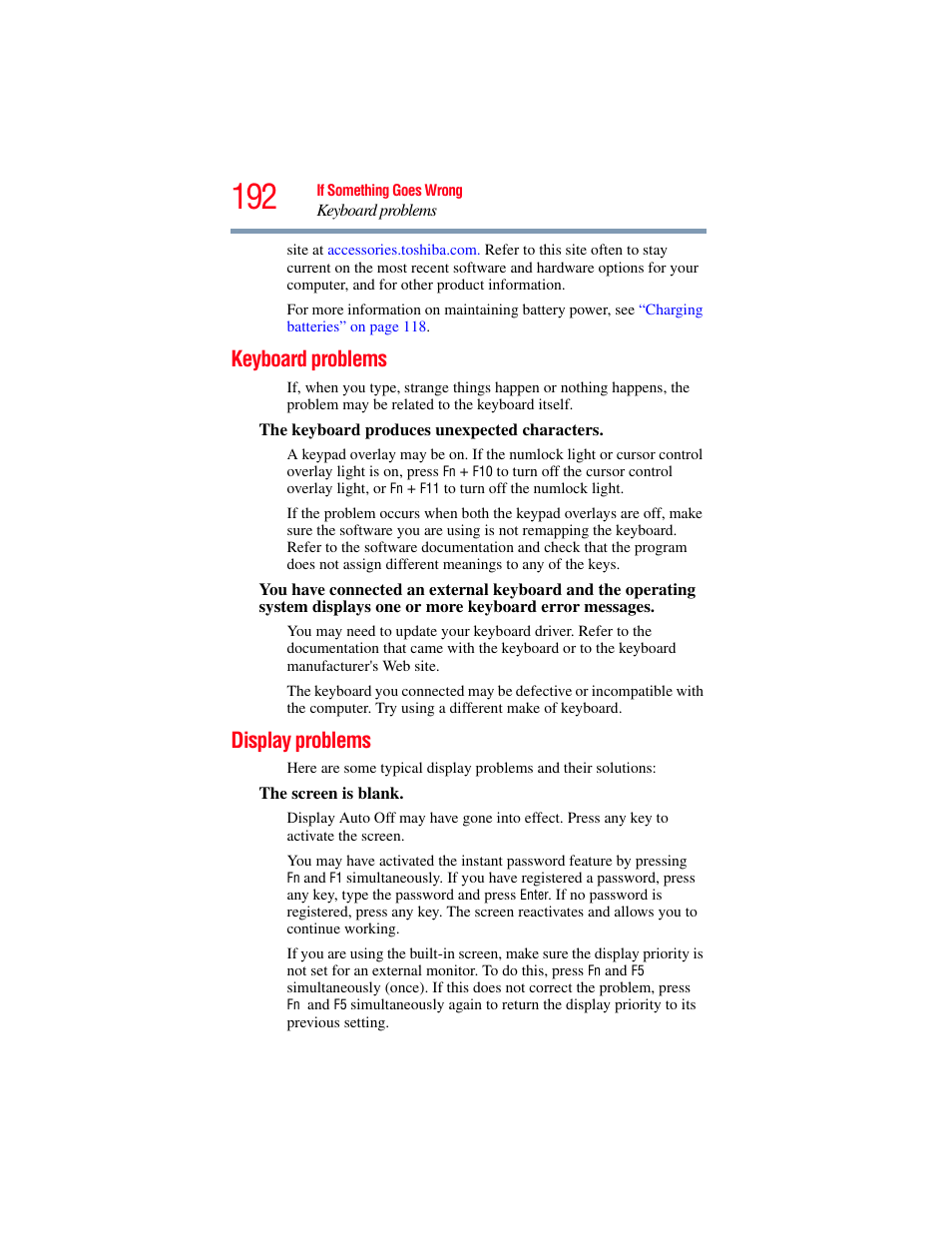 Keyboard problems, Display problems, Keyboard problems display problems | Toshiba SATELLITE U500 User Manual | Page 192 / 251