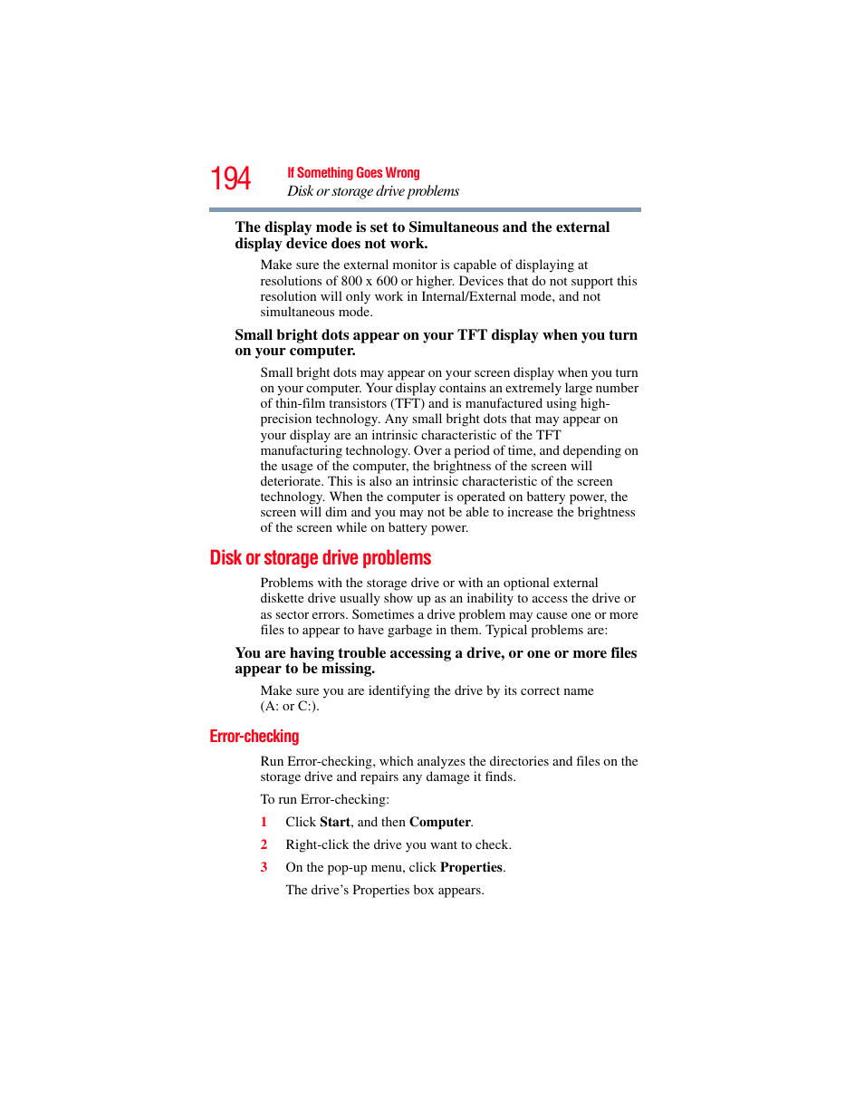 Disk or storage drive problems, Error-checking | Toshiba SATELLITE U500 User Manual | Page 194 / 251