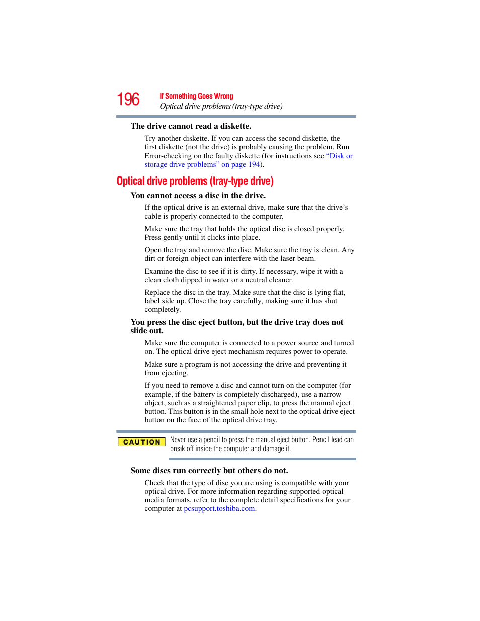 Optical drive problems (tray-type drive) | Toshiba SATELLITE U500 User Manual | Page 196 / 251