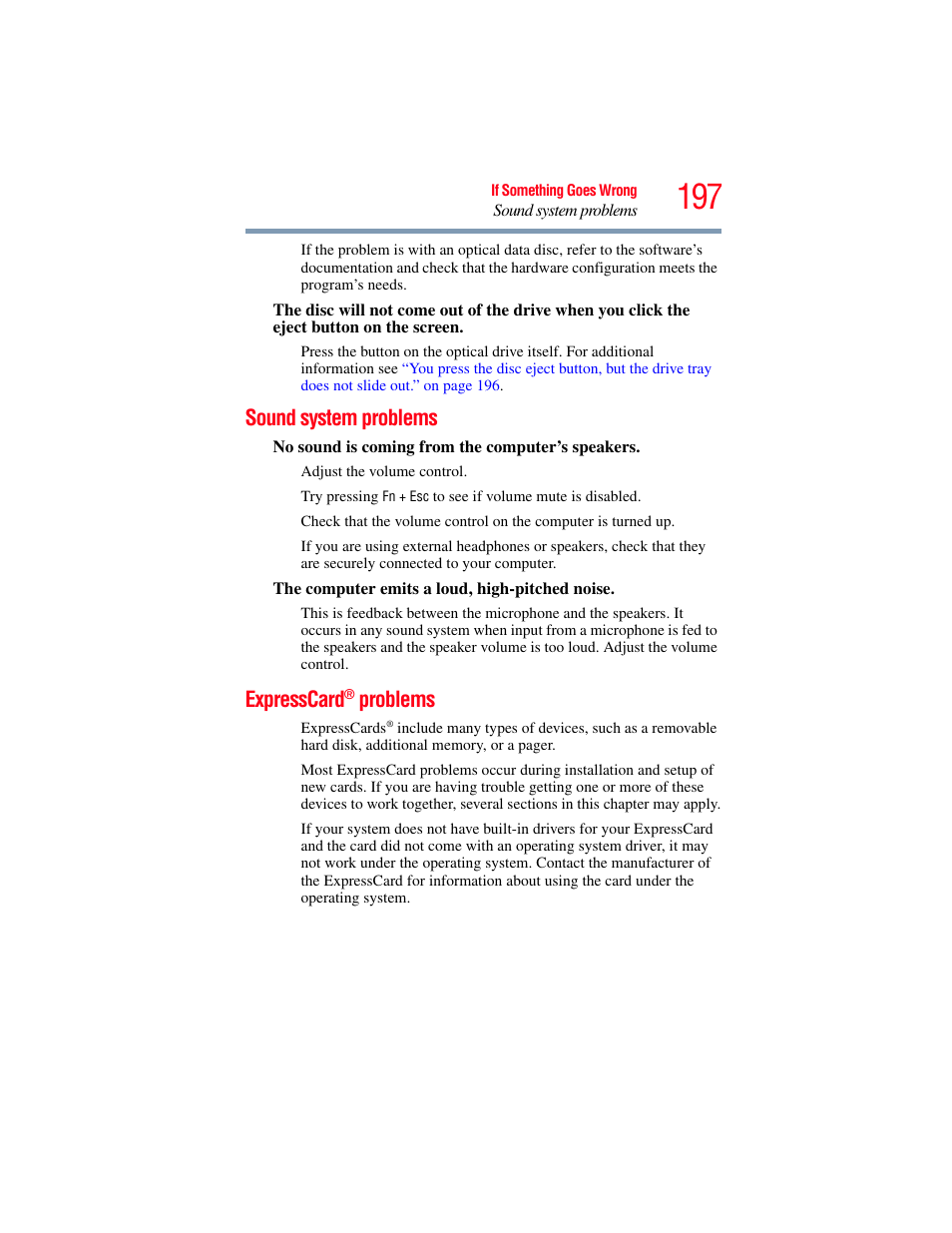 Sound system problems, Expresscard® problems, Sound system problems expresscard | Expresscard, Problems | Toshiba SATELLITE U500 User Manual | Page 197 / 251