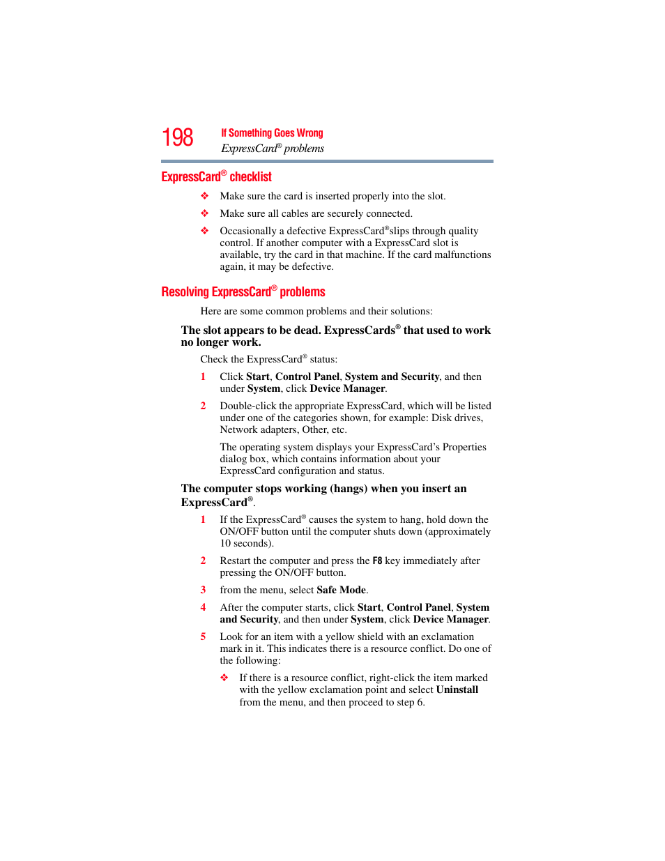 Expresscard® checklist, Resolving expresscard® problems, Expresscard | Resolving expresscard | Toshiba SATELLITE U500 User Manual | Page 198 / 251