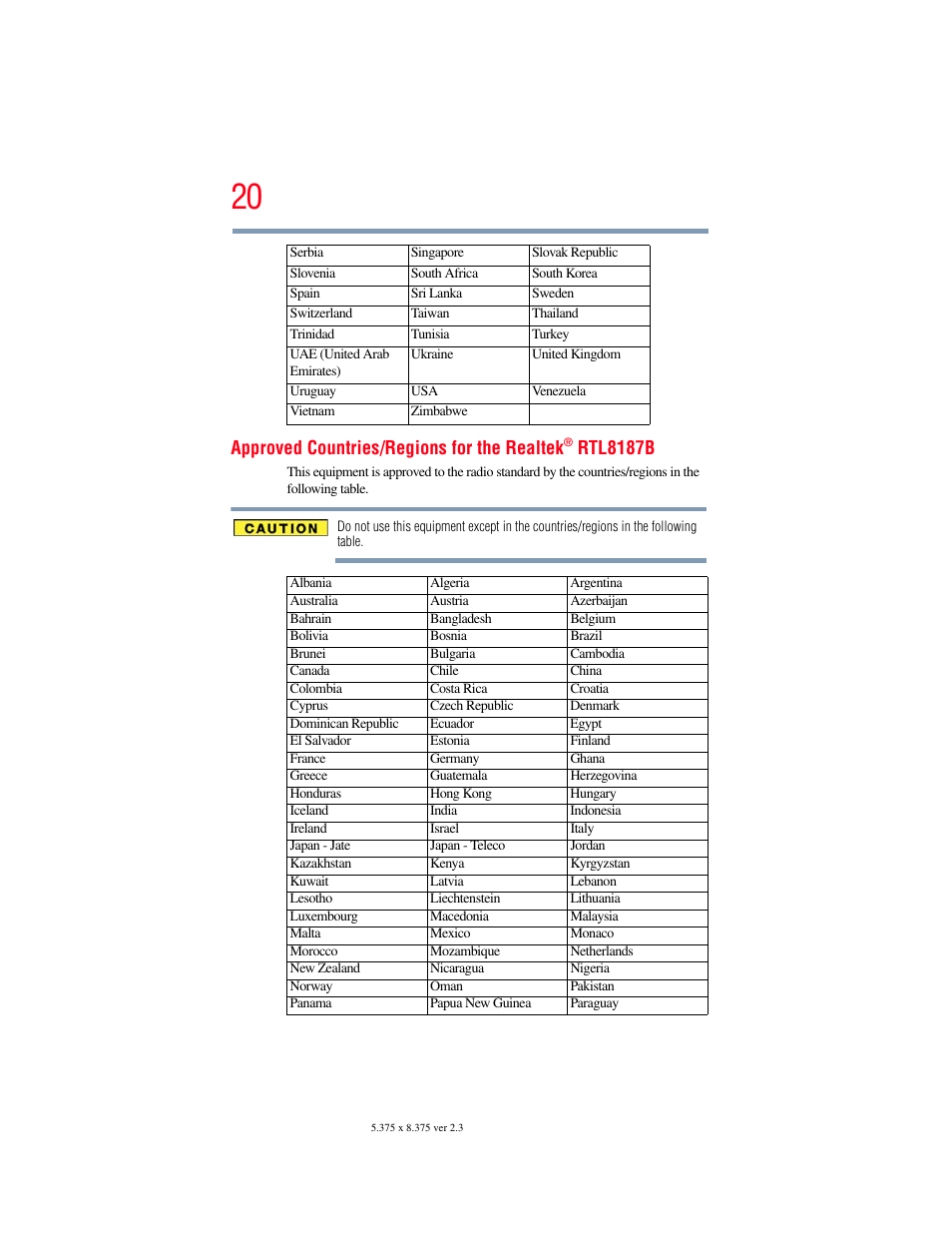 Approved countries/regions for the realtek, Rtl8187b | Toshiba SATELLITE U500 User Manual | Page 20 / 251