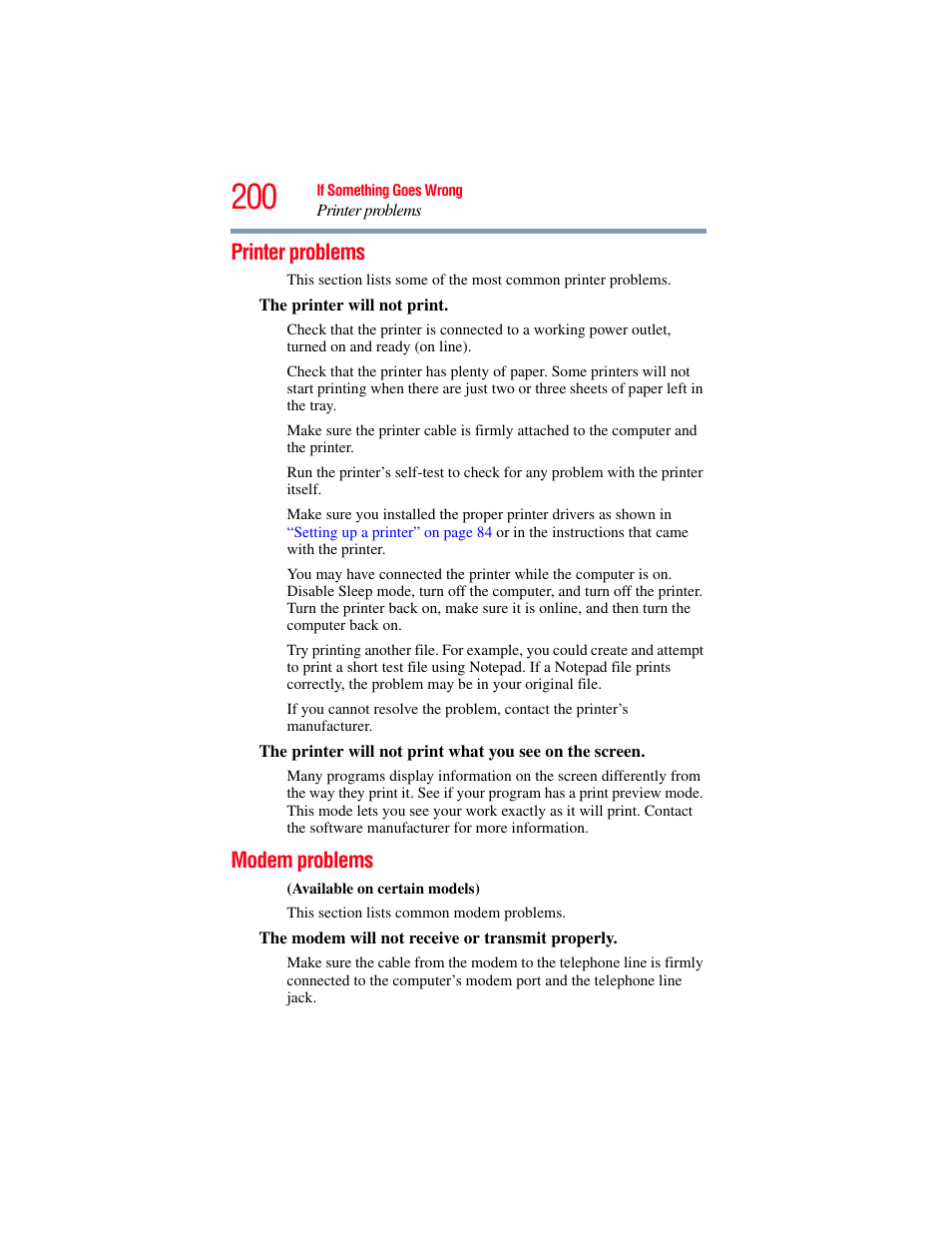 Printer problems, Modem problems, Printer problems modem problems | Toshiba SATELLITE U500 User Manual | Page 200 / 251