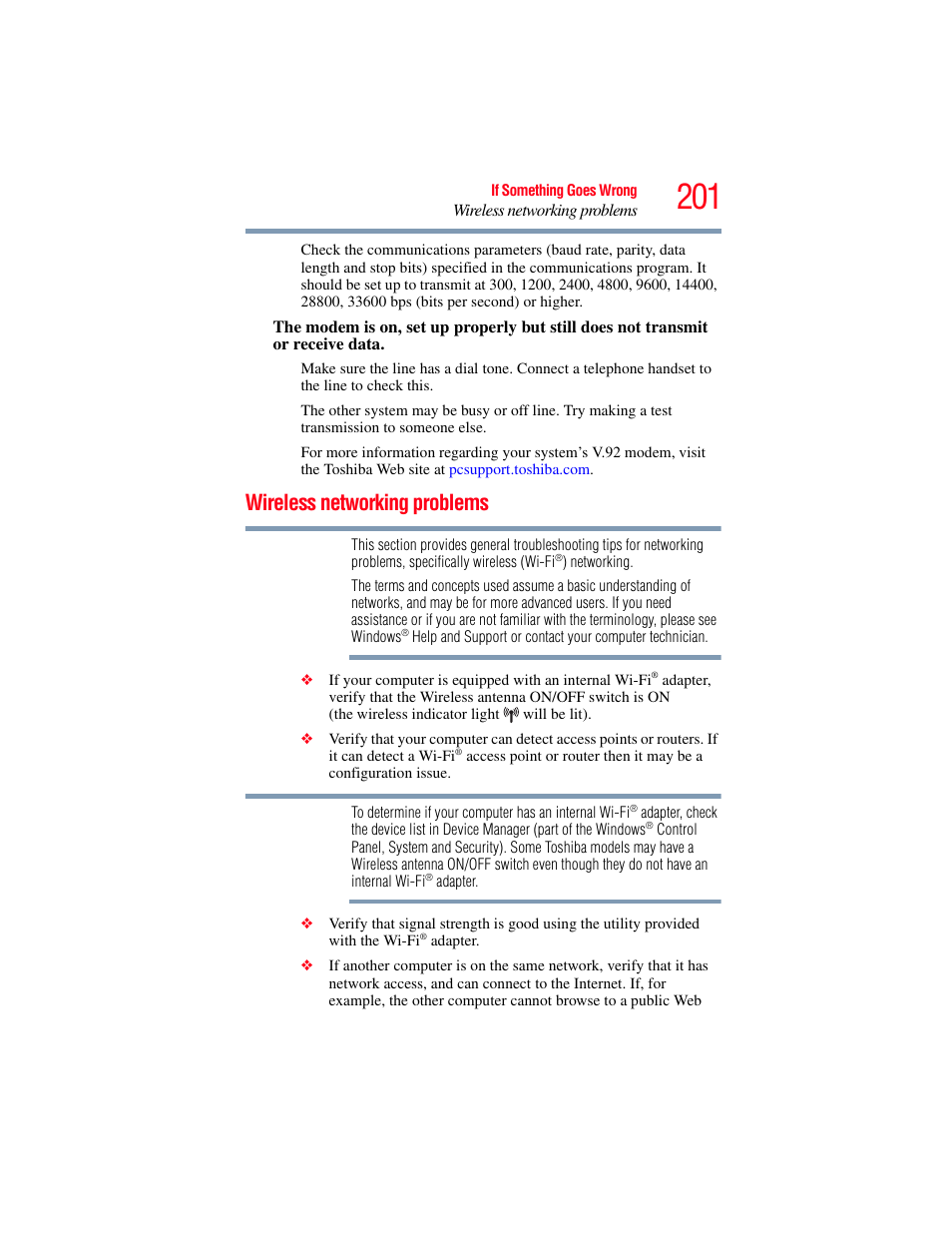 Wireless networking problems, Wireless | Toshiba SATELLITE U500 User Manual | Page 201 / 251