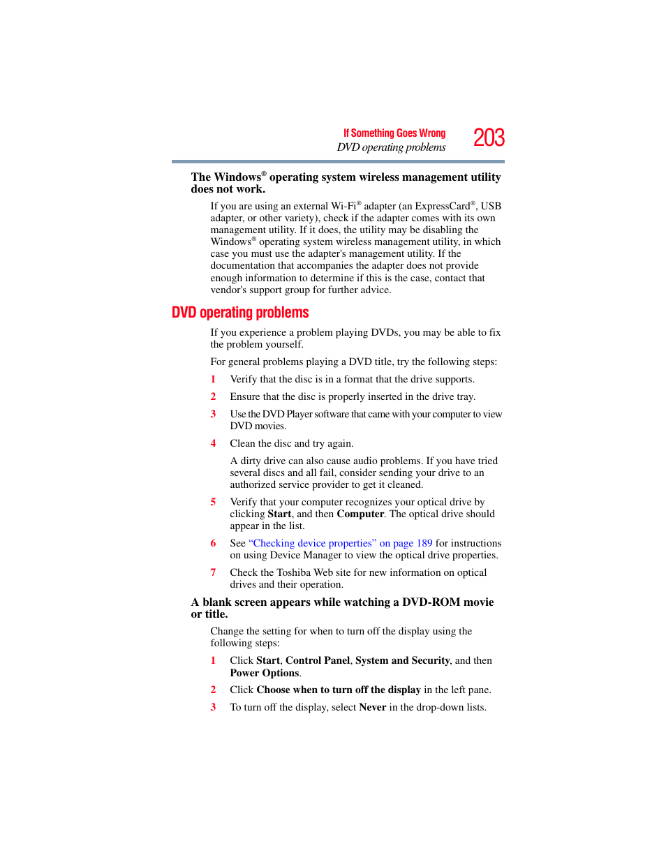 Dvd operating problems | Toshiba SATELLITE U500 User Manual | Page 203 / 251