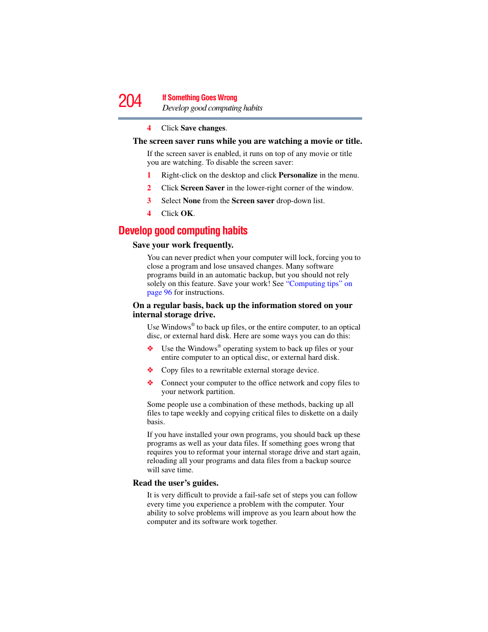 Develop good computing habits | Toshiba SATELLITE U500 User Manual | Page 204 / 251