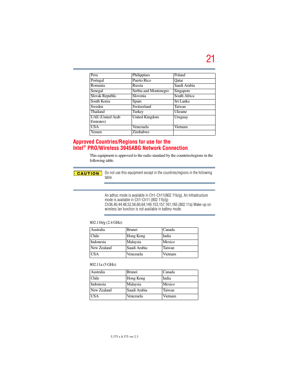 Approved countries/regions for use for the intel, Pro/wireless 3945abg network connection | Toshiba SATELLITE U500 User Manual | Page 21 / 251