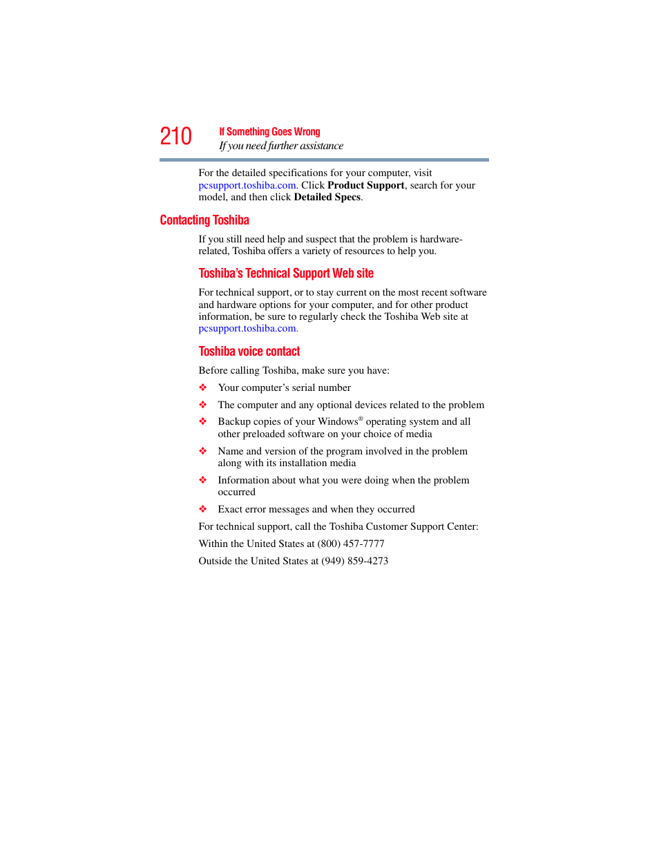 Contacting toshiba | Toshiba SATELLITE U500 User Manual | Page 210 / 251