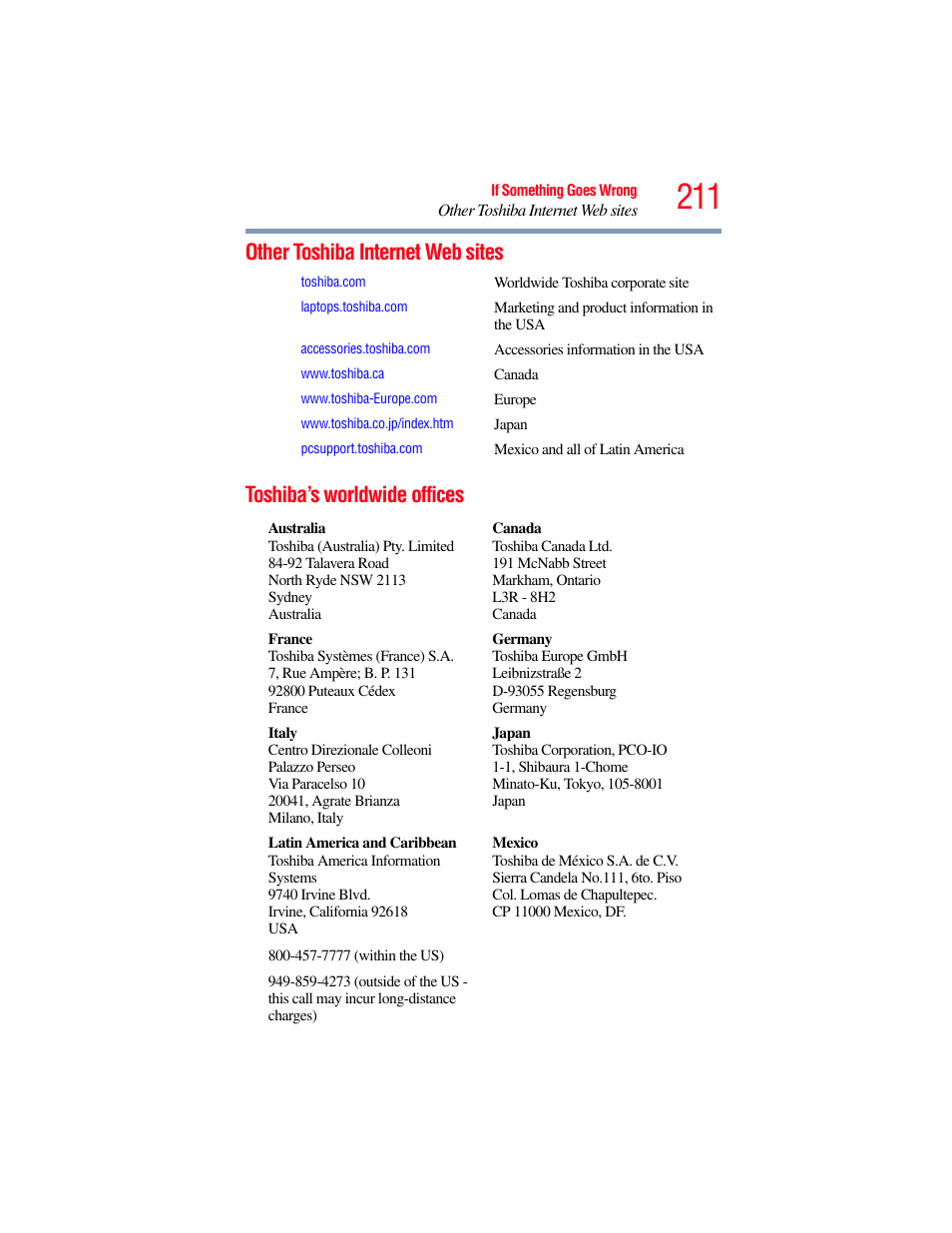 Other toshiba internet web sites, Toshiba’s worldwide offices | Toshiba SATELLITE U500 User Manual | Page 211 / 251