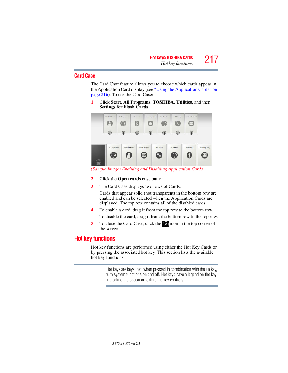 Card case, Hot key functions | Toshiba SATELLITE U500 User Manual | Page 217 / 251