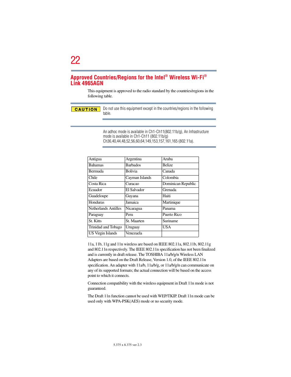Approved countries/regions for the intel, Wireless wi-fi, Link 4965agn | Toshiba SATELLITE U500 User Manual | Page 22 / 251