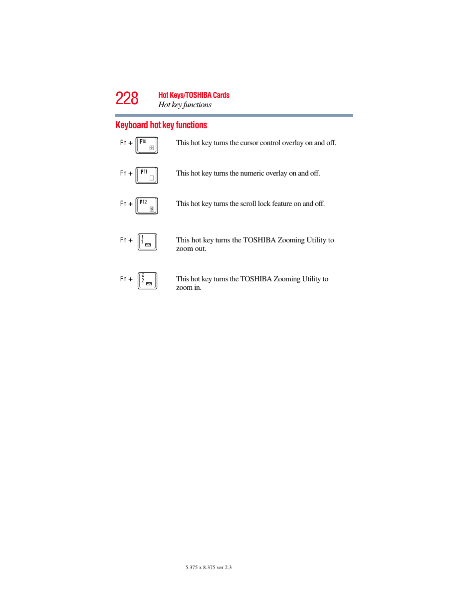 Keyboard hot key functions | Toshiba SATELLITE U500 User Manual | Page 228 / 251