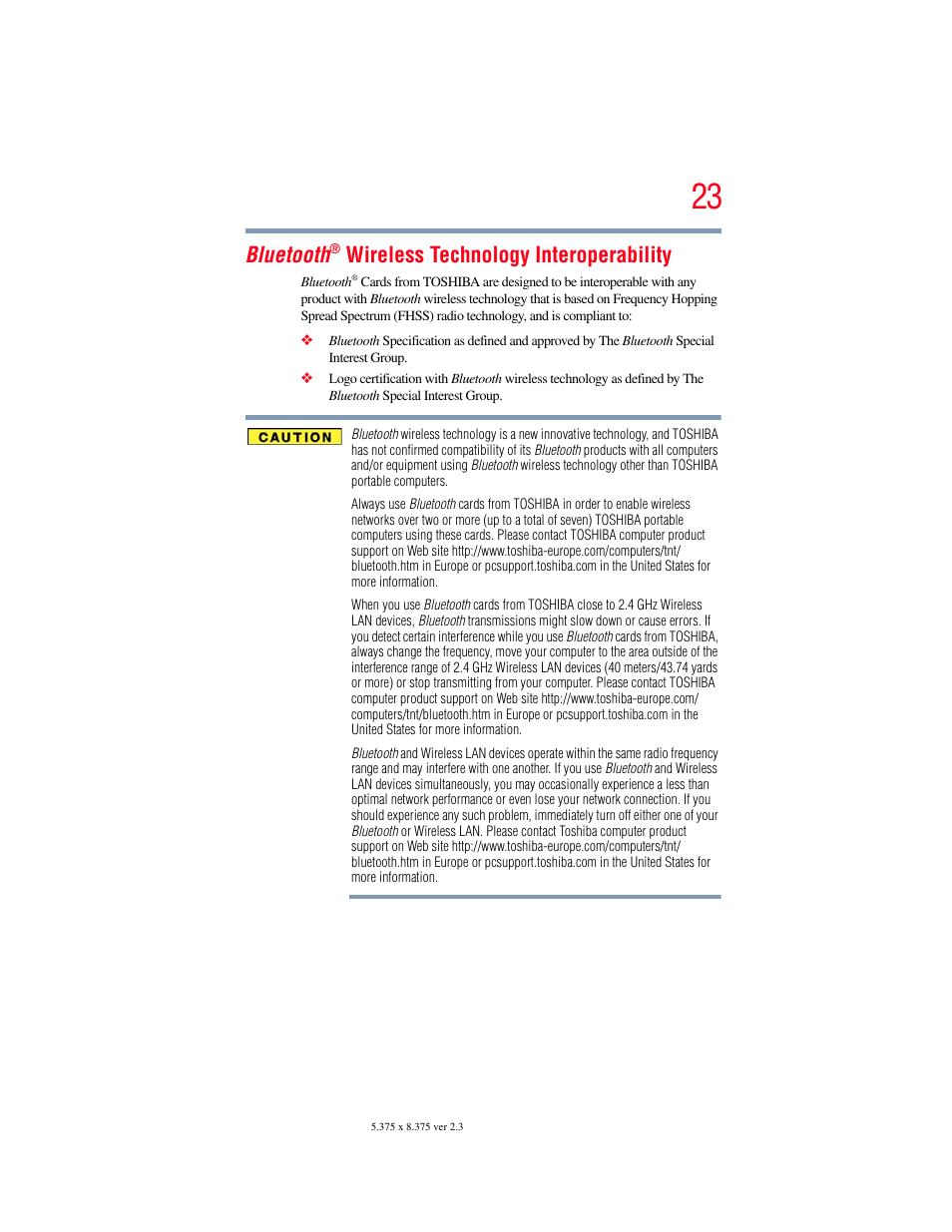 Bluetooth, Wireless technology interoperability | Toshiba SATELLITE U500 User Manual | Page 23 / 251