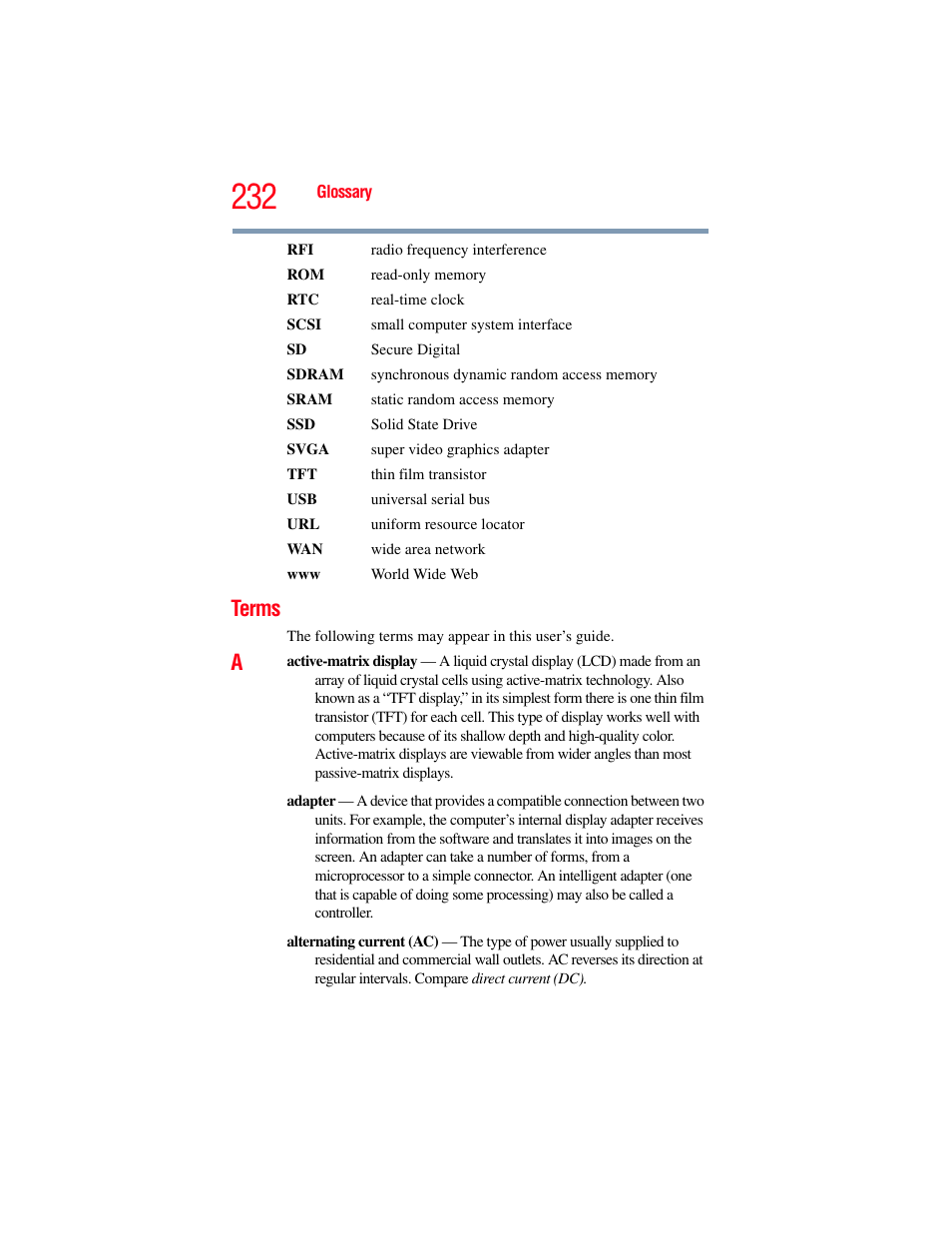 Terms | Toshiba SATELLITE U500 User Manual | Page 232 / 251
