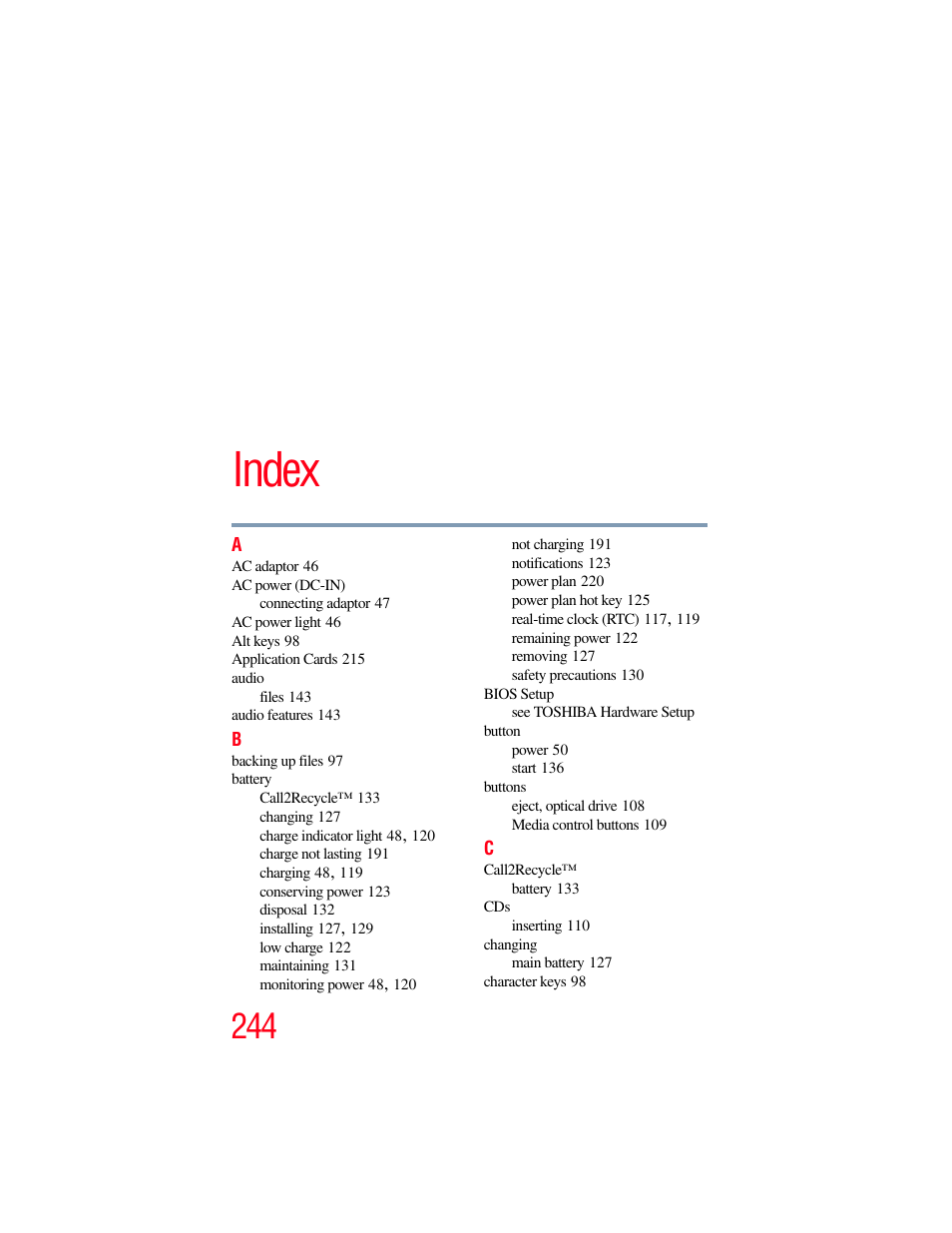 Index | Toshiba SATELLITE U500 User Manual | Page 244 / 251