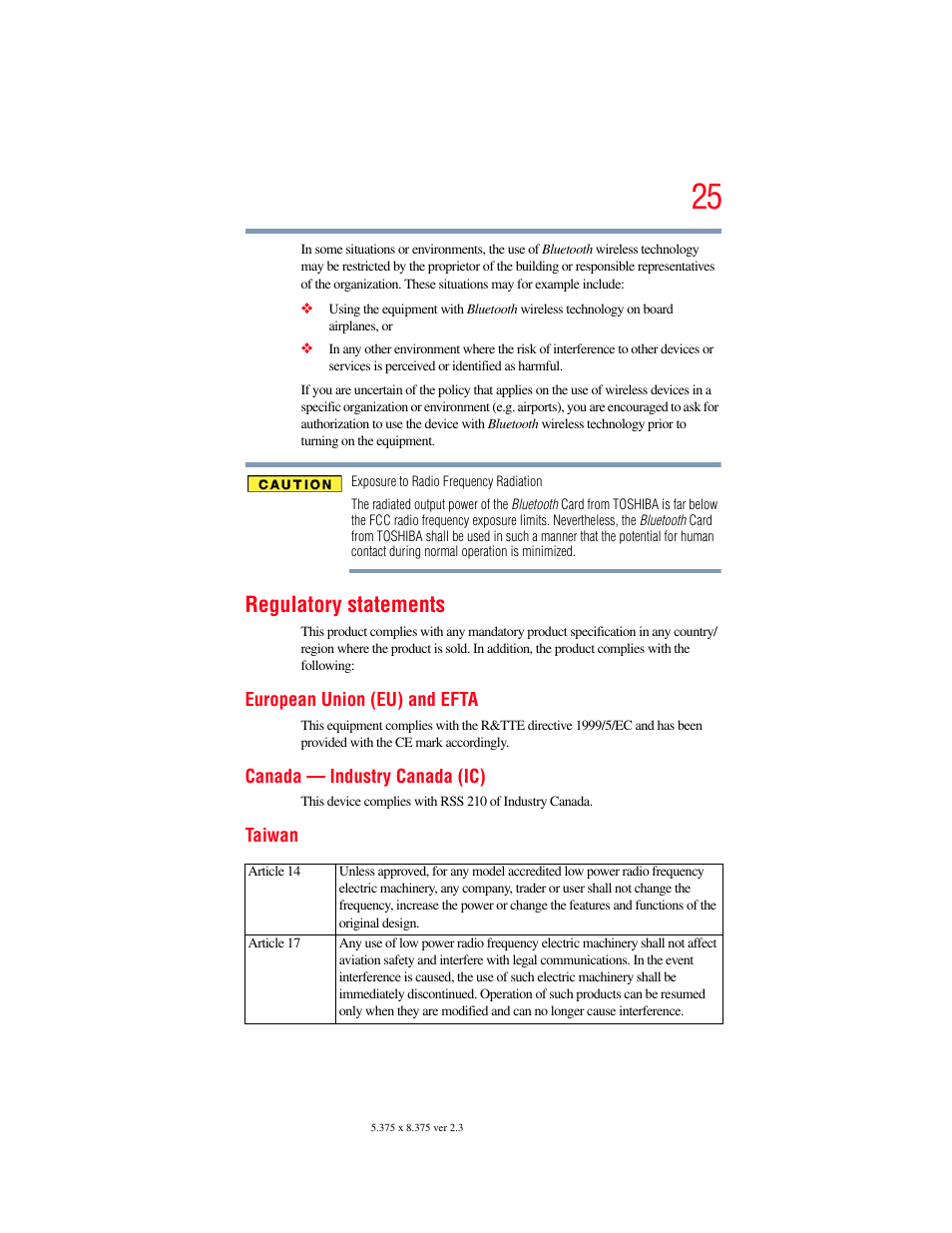 Regulatory statements | Toshiba SATELLITE U500 User Manual | Page 25 / 251