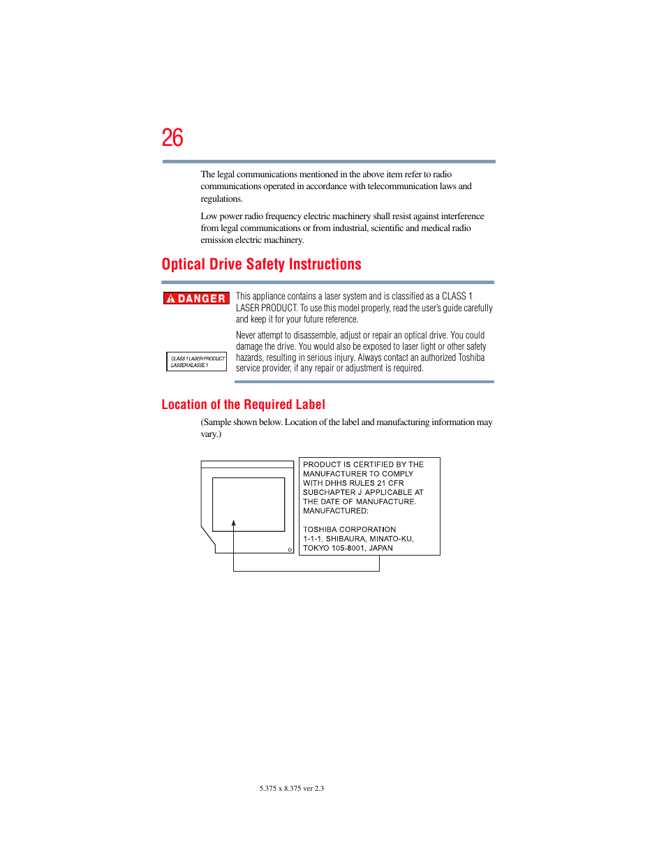 Optical drive safety instructions | Toshiba SATELLITE U500 User Manual | Page 26 / 251