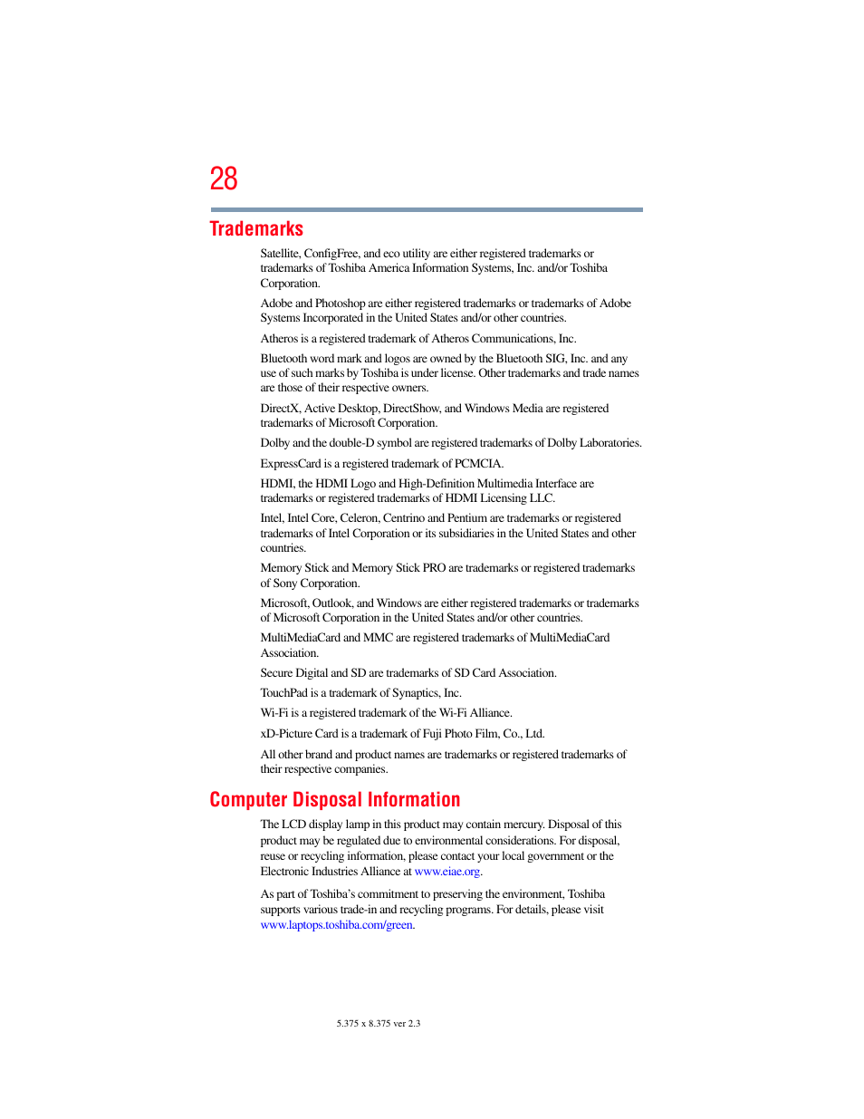 Trademarks, Computer disposal information | Toshiba SATELLITE U500 User Manual | Page 28 / 251