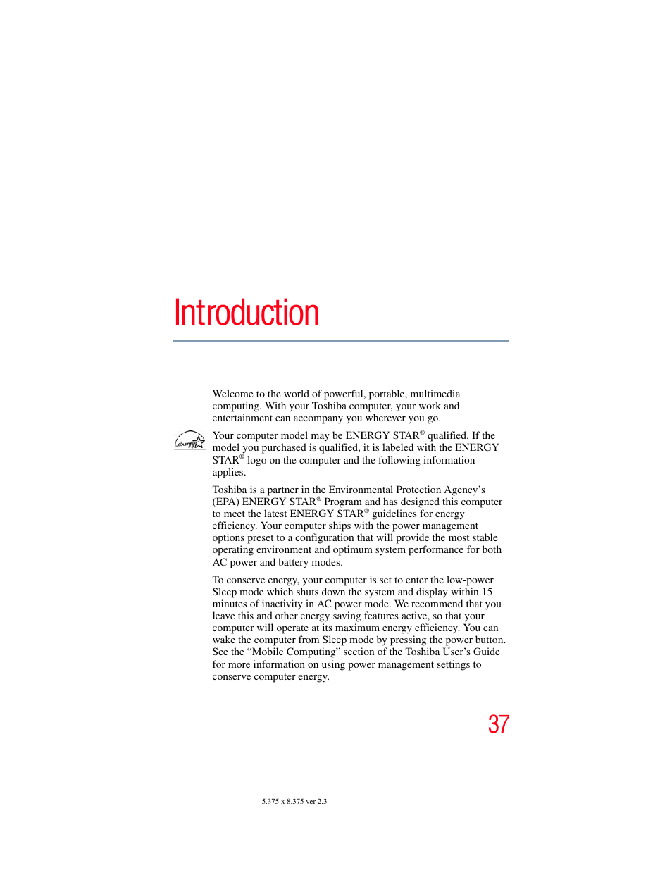 Introduction | Toshiba SATELLITE U500 User Manual | Page 37 / 251
