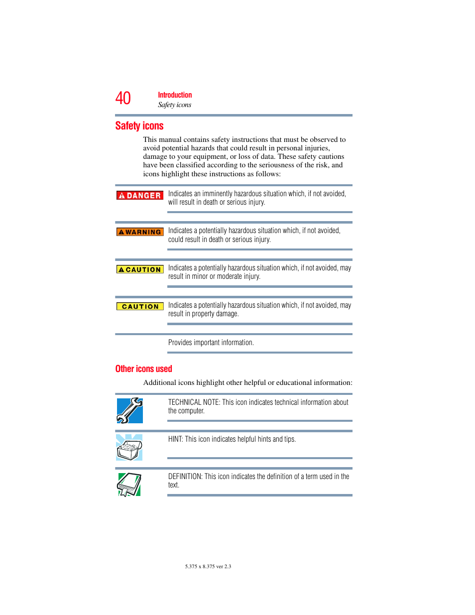 Safety icons, Other icons used | Toshiba SATELLITE U500 User Manual | Page 40 / 251