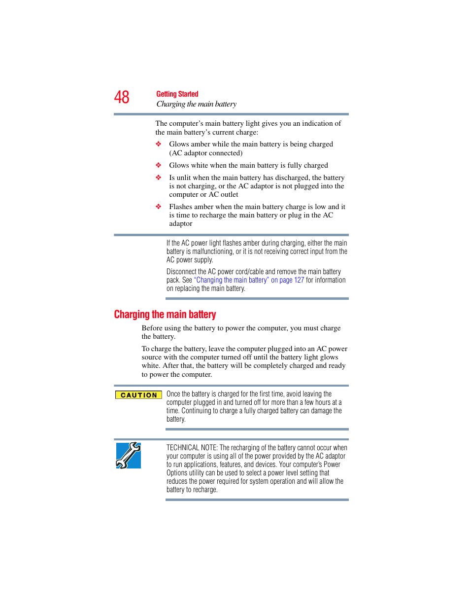 Charging the main battery | Toshiba SATELLITE U500 User Manual | Page 48 / 251