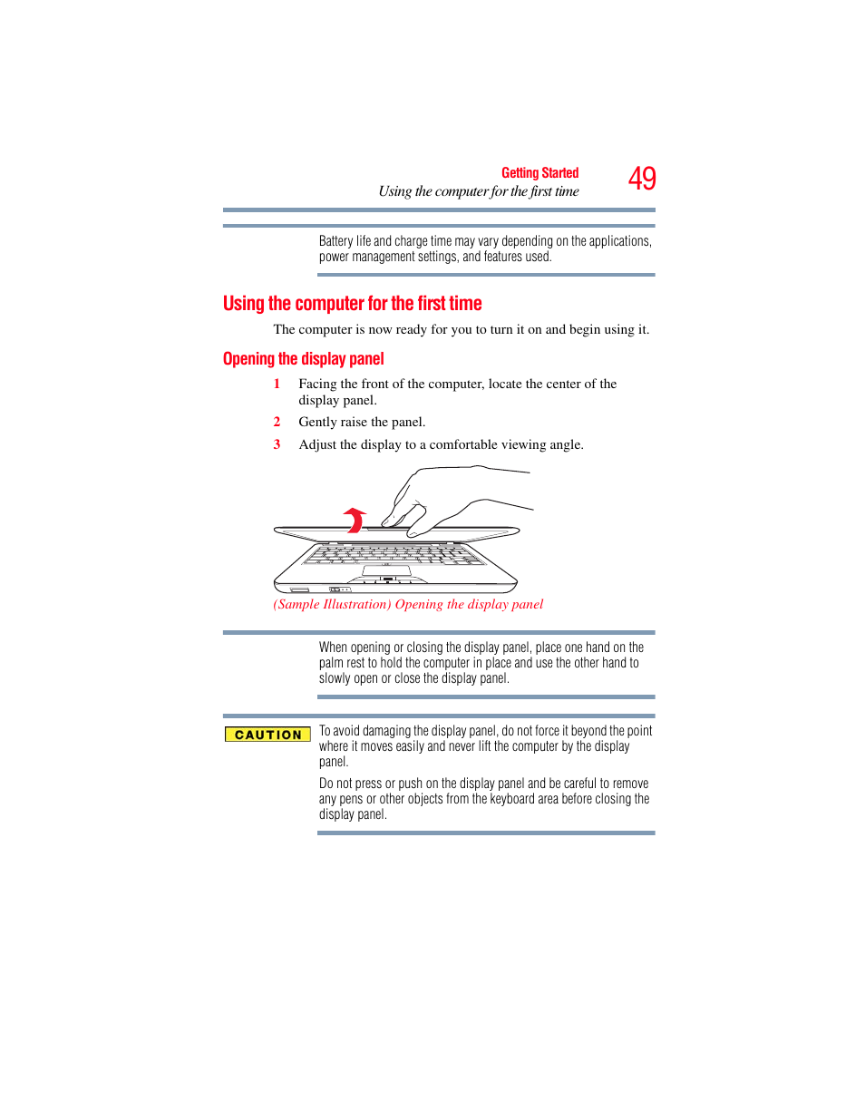 Using the computer for the first time, Opening the display panel | Toshiba SATELLITE U500 User Manual | Page 49 / 251
