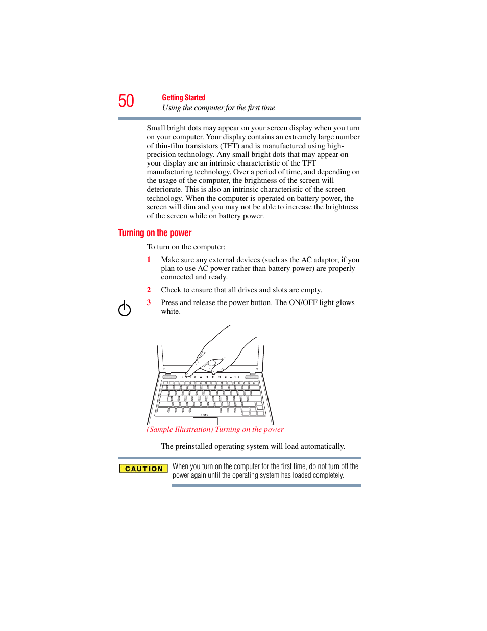 Turning on the power | Toshiba SATELLITE U500 User Manual | Page 50 / 251