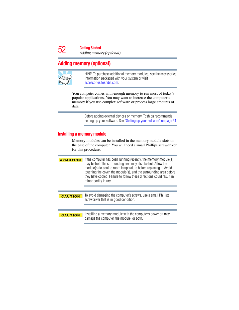 Adding memory (optional), Installing a memory module, Adding memory (optional)” on | Toshiba SATELLITE U500 User Manual | Page 52 / 251