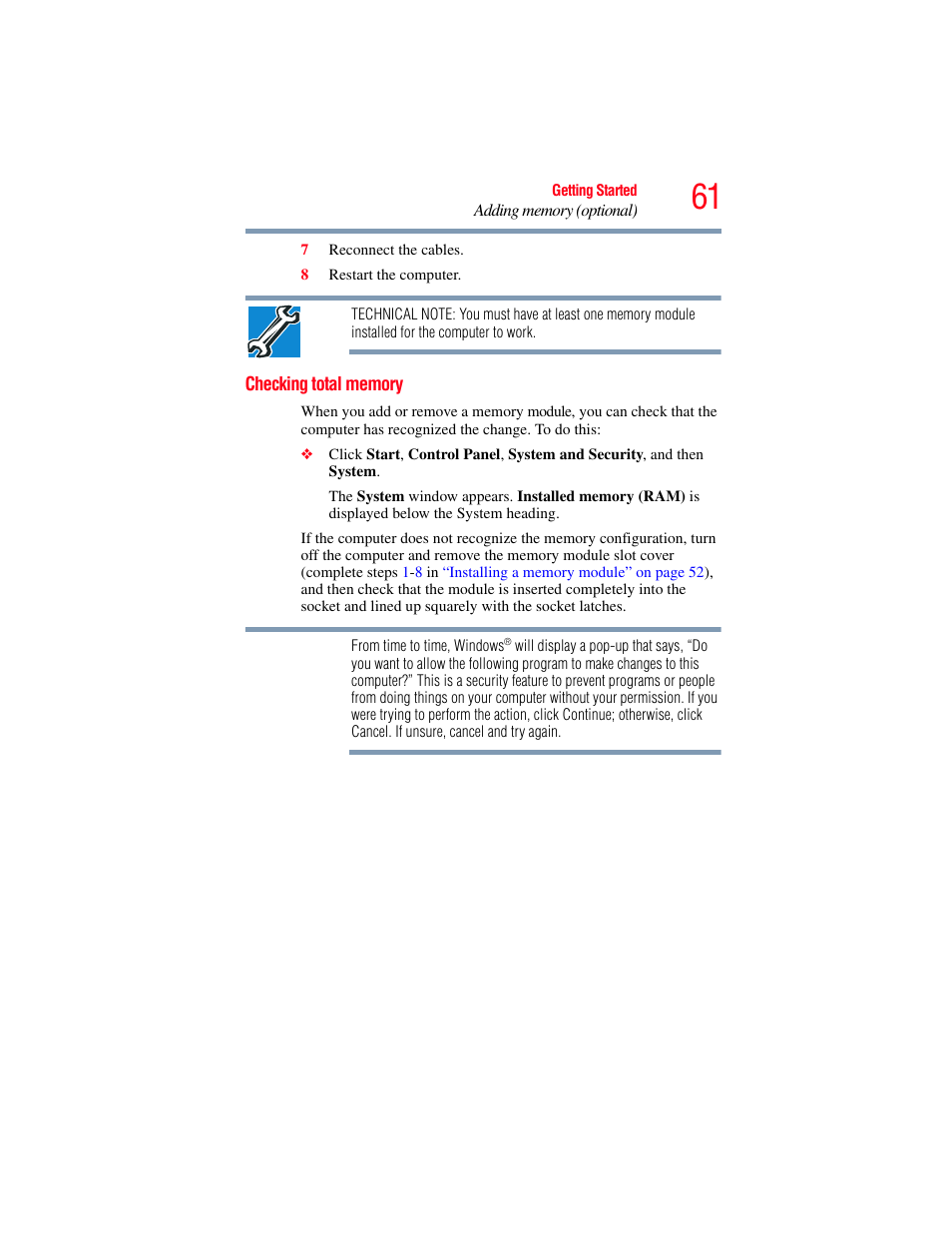 Checking total memory | Toshiba SATELLITE U500 User Manual | Page 61 / 251