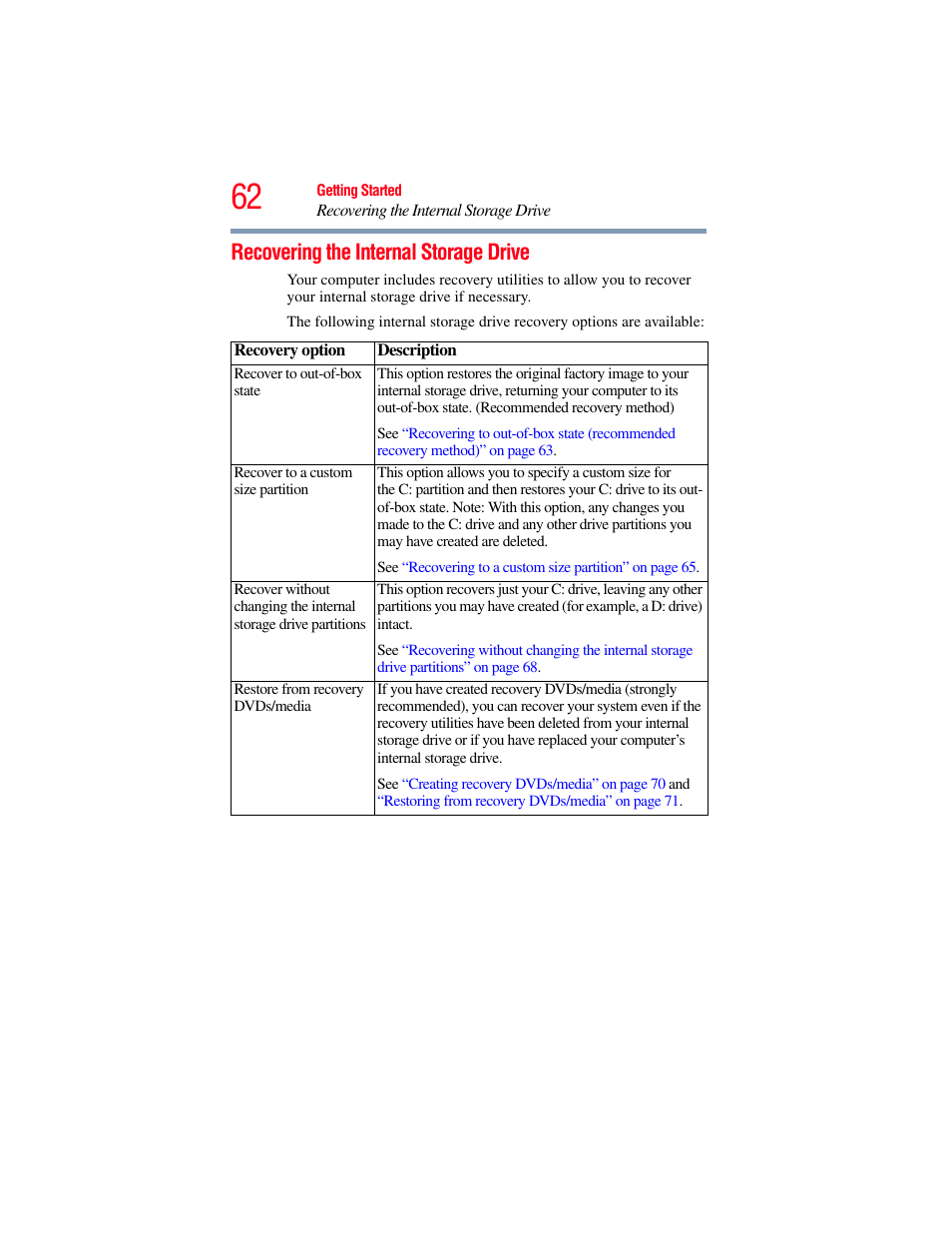 Recovering the internal storage drive | Toshiba SATELLITE U500 User Manual | Page 62 / 251