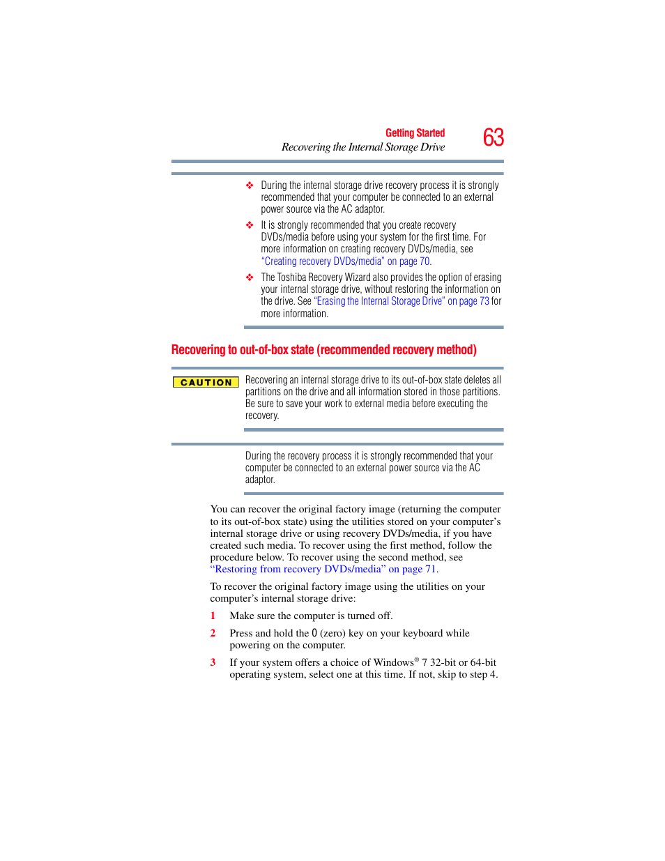 Recovering to out-of-box state, Recommended recovery method), Recovering to out-of-box state (recommended | Toshiba SATELLITE U500 User Manual | Page 63 / 251