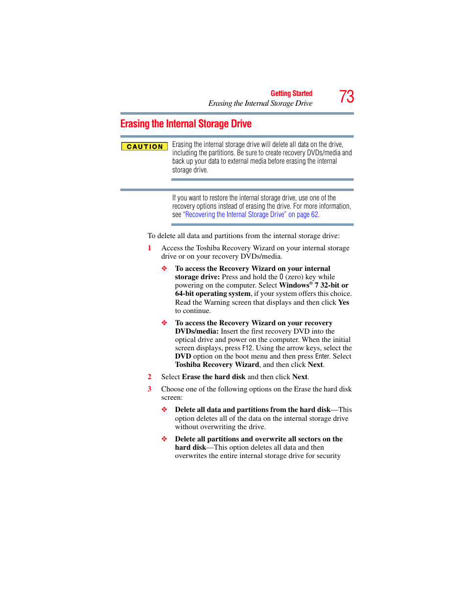 Erasing the internal storage drive | Toshiba SATELLITE U500 User Manual | Page 73 / 251