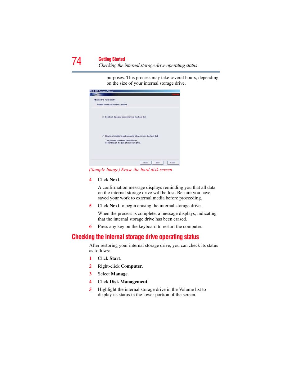 Checking the internal storage drive operating, Status | Toshiba SATELLITE U500 User Manual | Page 74 / 251