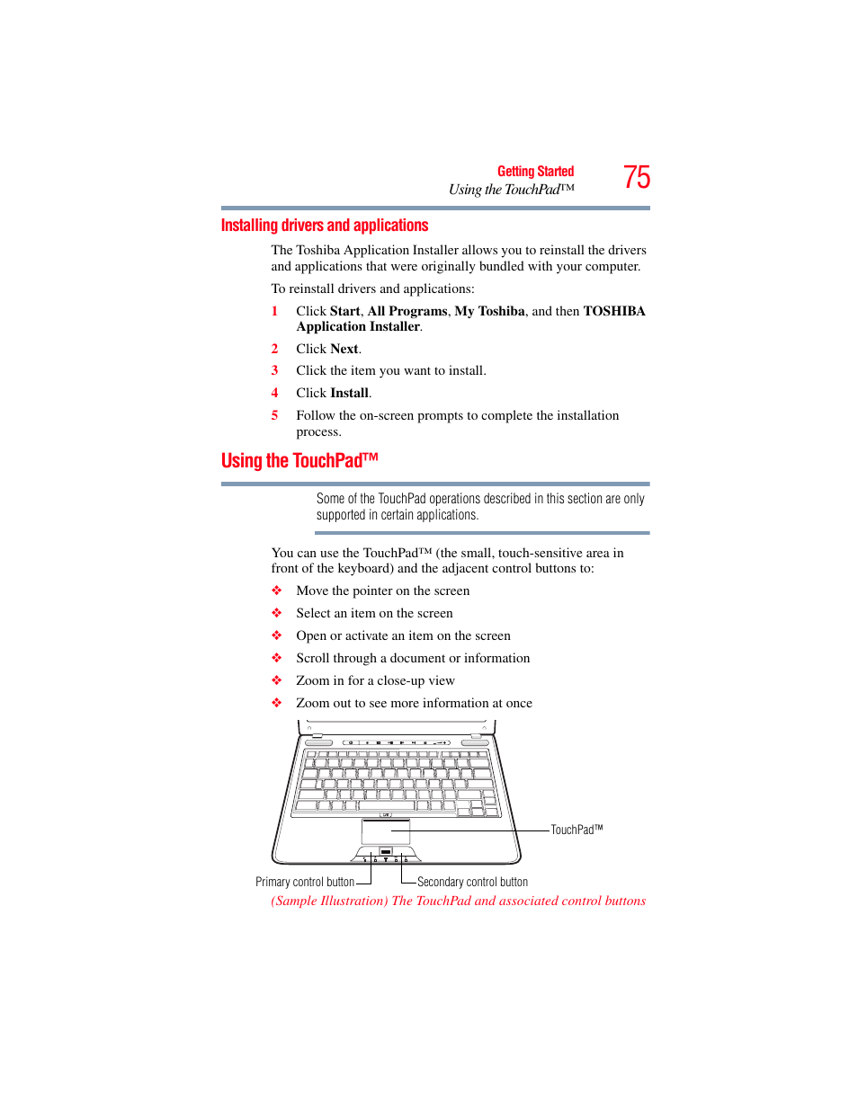 Installing drivers and applications, Using the touchpad | Toshiba SATELLITE U500 User Manual | Page 75 / 251