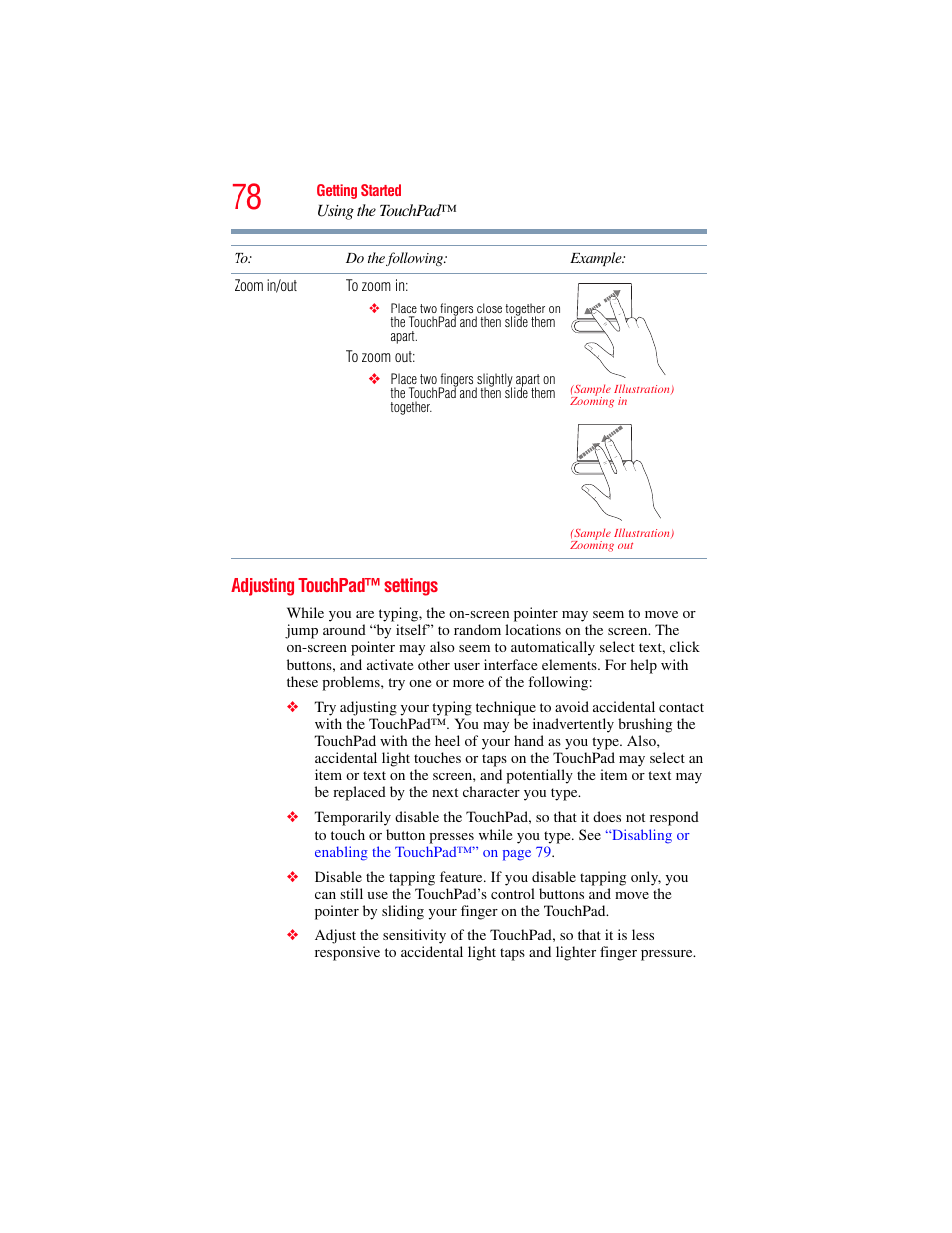 Adjusting touchpad™ settings, Adjusting touchpad | Toshiba SATELLITE U500 User Manual | Page 78 / 251
