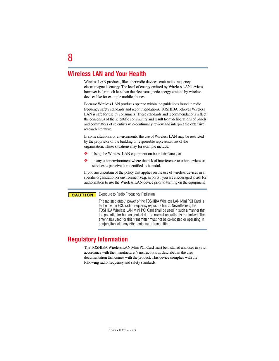Wireless lan and your health, Regulatory information | Toshiba SATELLITE U500 User Manual | Page 8 / 251