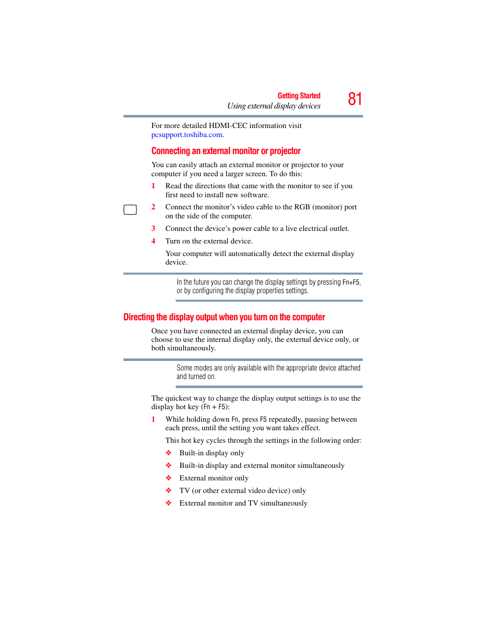 Directing the display output when you, Turn on the computer | Toshiba SATELLITE U500 User Manual | Page 81 / 251