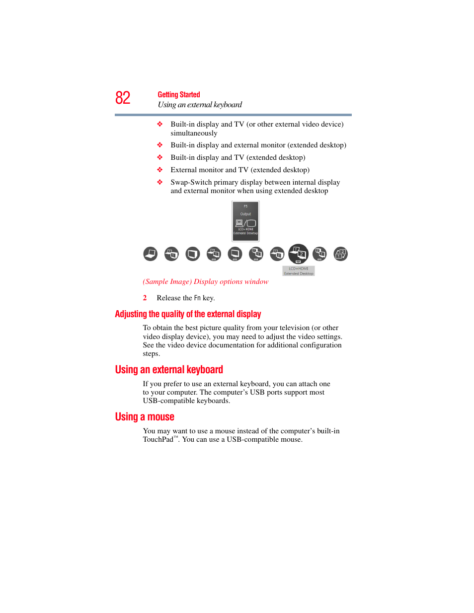 Adjusting the quality of the external display, Using an external keyboard, Using a mouse | Using an external keyboard using a mouse, Yboard (see, Using an external | Toshiba SATELLITE U500 User Manual | Page 82 / 251