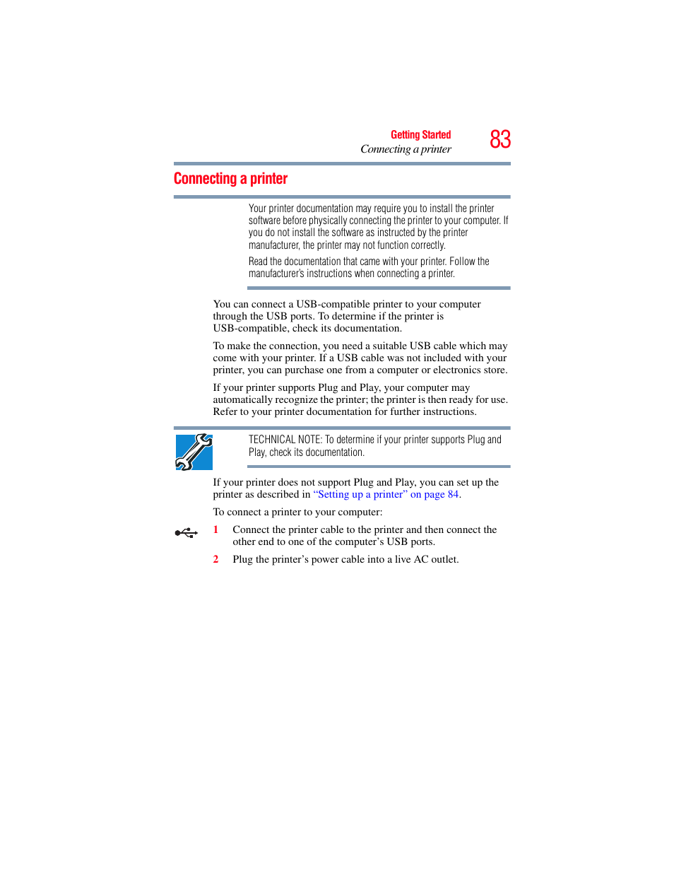 Connecting a printer | Toshiba SATELLITE U500 User Manual | Page 83 / 251