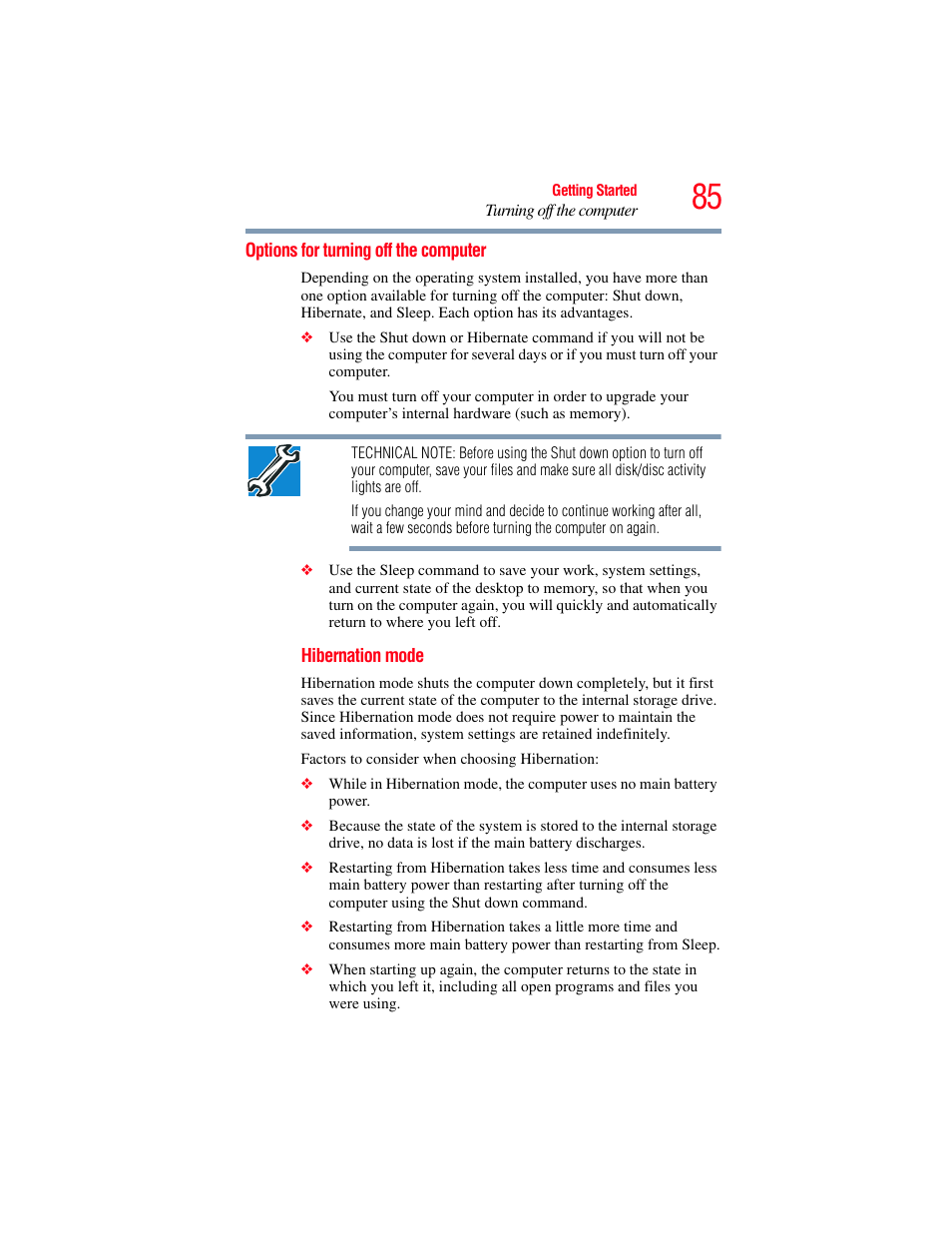 Options for turning off the computer | Toshiba SATELLITE U500 User Manual | Page 85 / 251