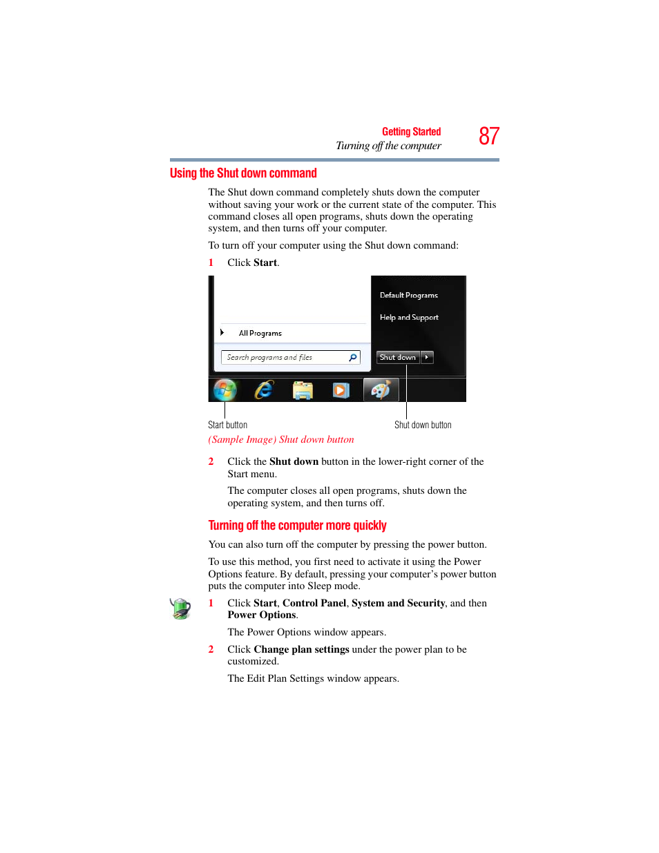 Using the shut down command | Toshiba SATELLITE U500 User Manual | Page 87 / 251