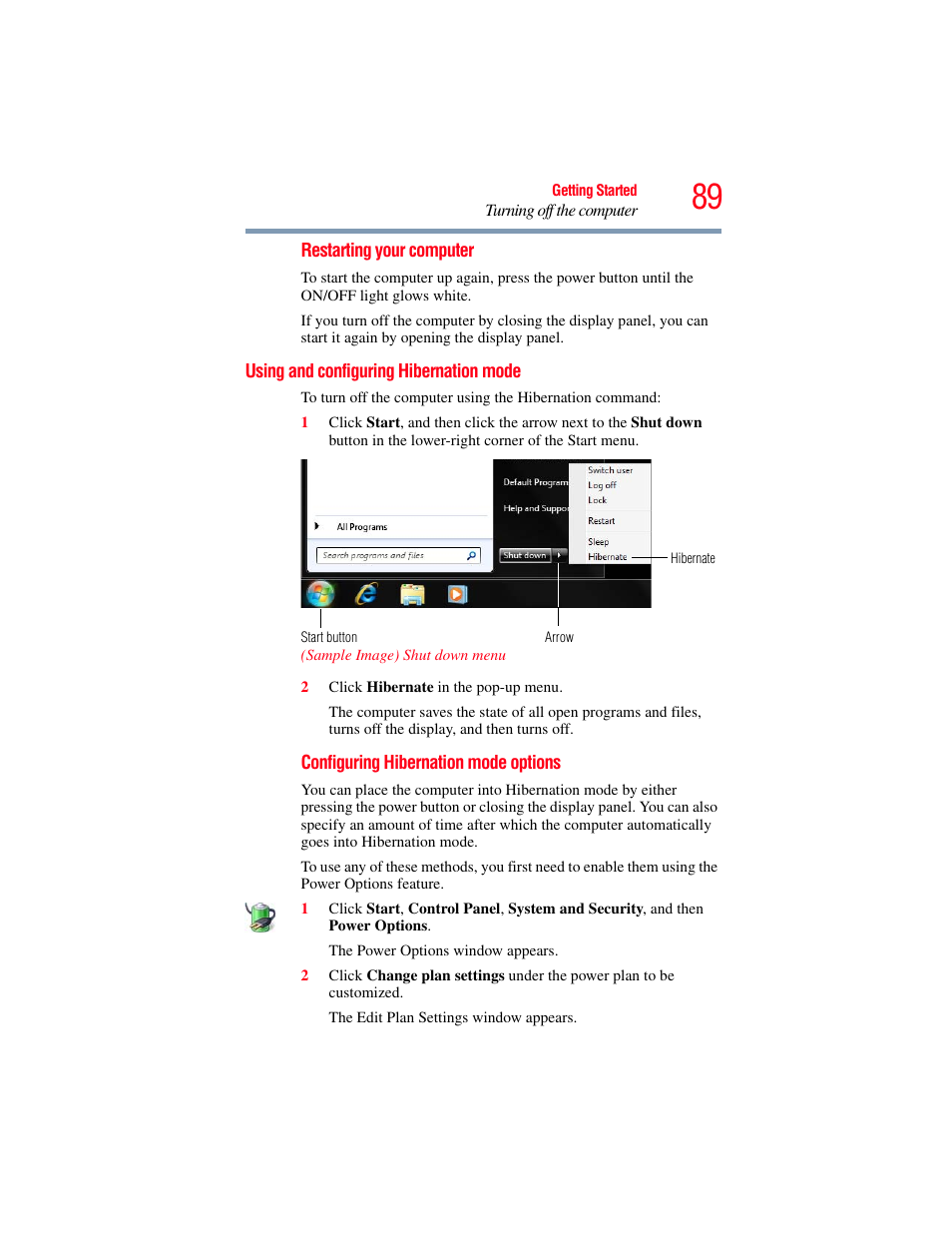 Using and configuring hibernation mode | Toshiba SATELLITE U500 User Manual | Page 89 / 251