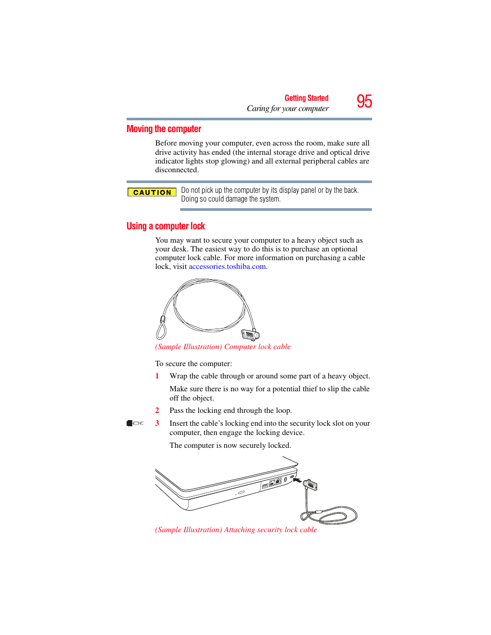 Moving the computer, Using a computer lock, Moving the computer using a computer lock | Toshiba SATELLITE U500 User Manual | Page 95 / 251