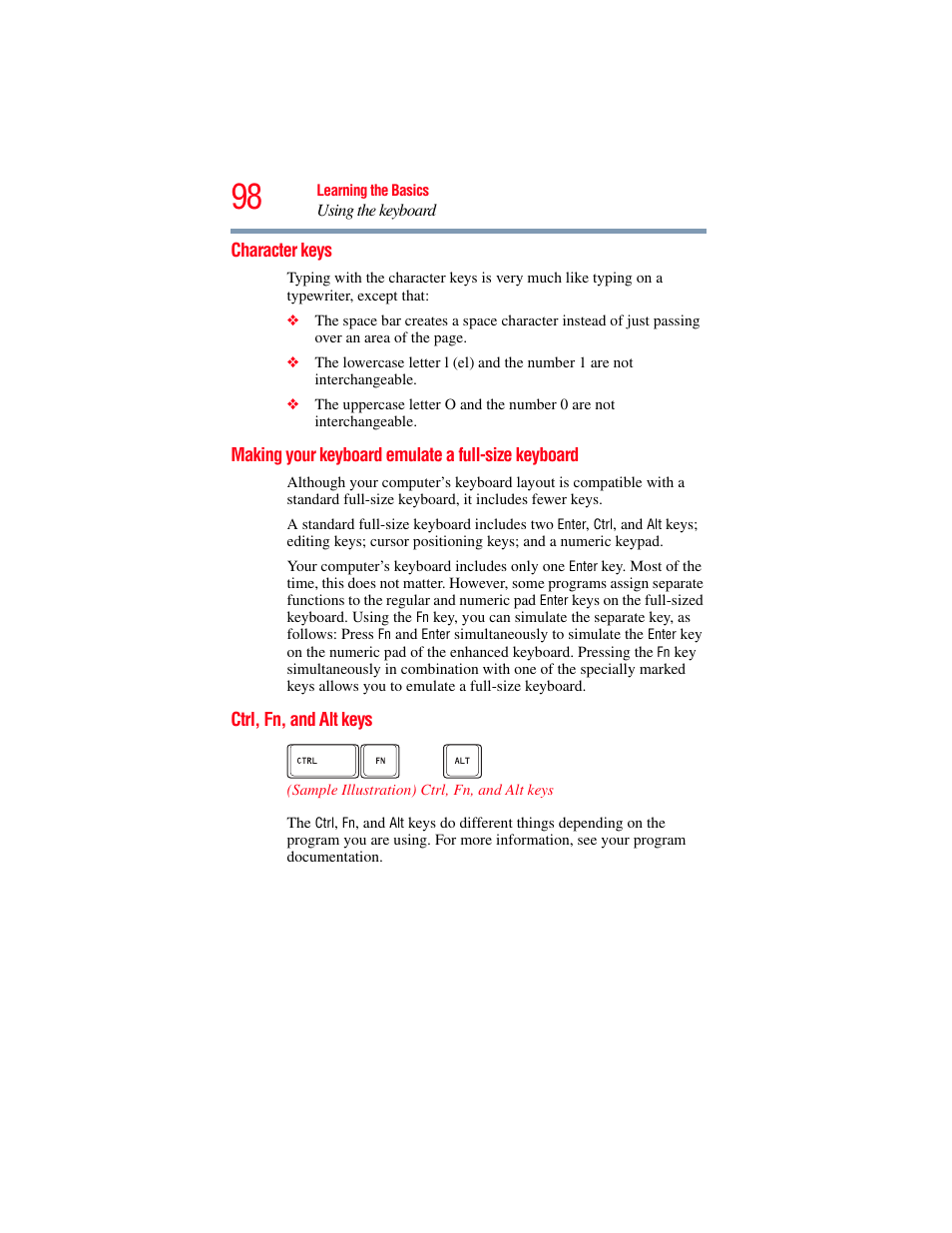 Character keys, Making your keyboard emulate a full-size keyboard, Ctrl, fn, and alt keys | Keyboard | Toshiba SATELLITE U500 User Manual | Page 98 / 251