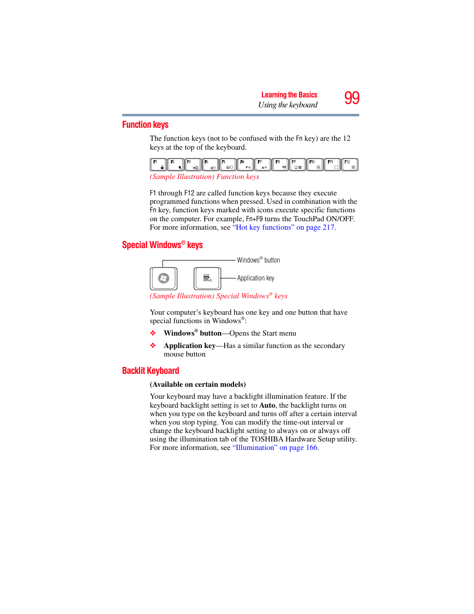 Function keys, Special windows® keys, Backlit keyboard | Function keys special windows | Toshiba SATELLITE U500 User Manual | Page 99 / 251