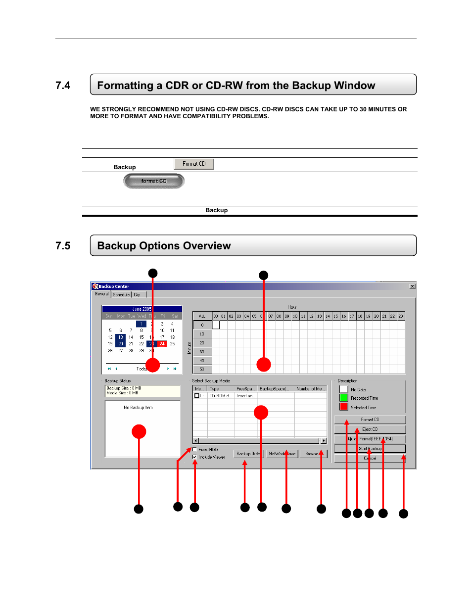 4 formatting a cdr or cd-rw from the backup window, 5 backup options overview, Format a cdr or cd-rw disc on the dvr unit | Toshiba EVR64-X User Manual | Page 105 / 147