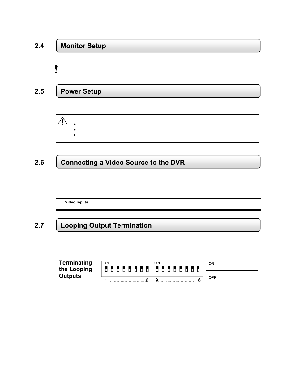 4 monitor setup, 5 power setup, 6 connecting a video source to the dvr | 7 looping output termination | Toshiba EVR64-X User Manual | Page 29 / 147