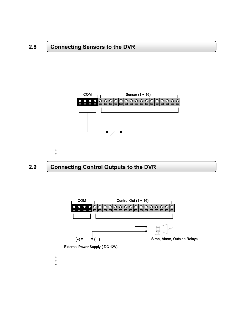 8 connecting sensors to the dvr, 9 connecting control outputs to the dvr | Toshiba EVR64-X User Manual | Page 30 / 147