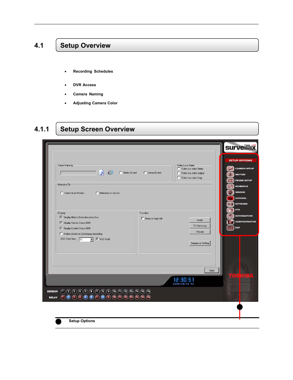 1 setup overview, 1 setup screen overview | Toshiba EVR64-X User Manual | Page 47 / 147