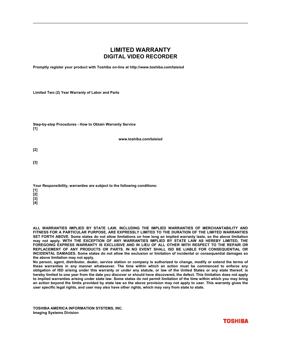 Limited warranty, Digital video recorder | Toshiba EVR64-X User Manual | Page 5 / 147